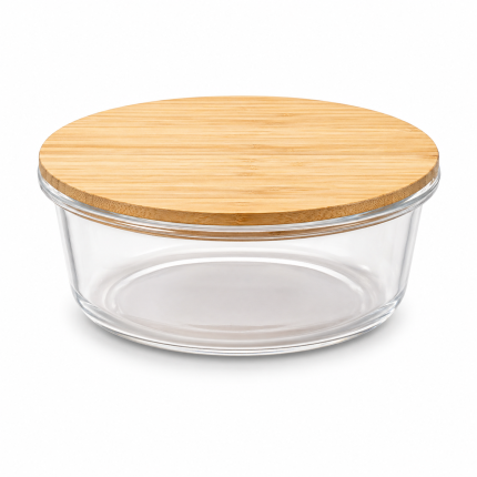 Стъклена кръгла кутия с бамбуков капак